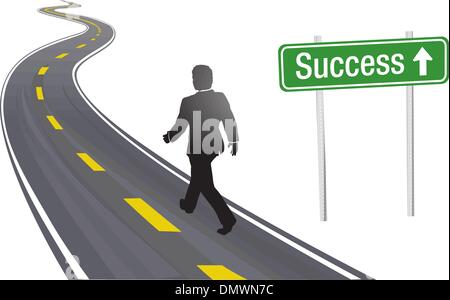 Uomo d'affari a piedi cartello stradale per il successo Illustrazione Vettoriale