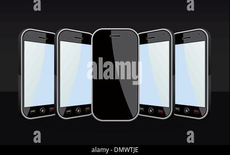 Set di modelli di smartphone su nero Illustrazione Vettoriale