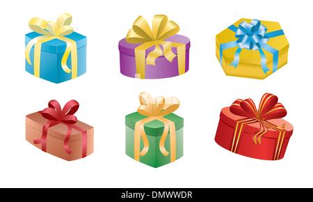Set di vettore di confezioni regalo con nastri Illustrazione Vettoriale