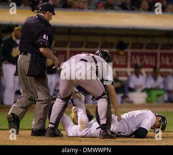 Jun 07, 2001; Oakland, CA, Stati Uniti d'America; Oakland Athletics' Randy Velarde, #8, urta il suolo dopo essere colpito da un passo generata da Houston Astros' pitcher Octavio Dotel, #29, nell'ottavo inning del loro gioco su Venerdì, 7 giugno 2002 presso la Network Associates Coliseum di Oakland, California Houston's catcher Brad Ausmus, #11, si piega per verificare su Velarde. Foto Stock