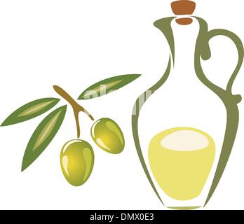 Stilizzata olive branch simbolo, bottiglia con olio d'oliva icona Illustrazione Vettoriale