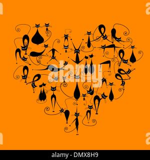 Io amo i gatti! Black Cats silhouette in forma di cuore per il tuo design Illustrazione Vettoriale