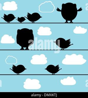 Silhouette di uccelli gufo su un filo con le nuvole Illustrazione Vettoriale