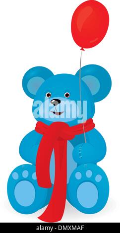 Blue Teddy bear con palloncino rosso Illustrazione Vettoriale