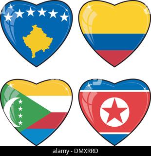 Set di immagini vettoriali di cuori con le bandiere della Corea, Colombia Illustrazione Vettoriale