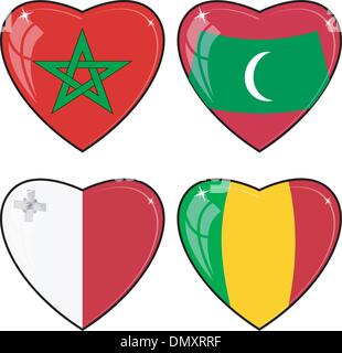 Set di immagini vettoriali di cuori con le bandiere del Mali, Maldive, Illustrazione Vettoriale