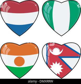 Set di immagini vettoriali di cuori con le bandiere del Nepal, Niger, N Illustrazione Vettoriale