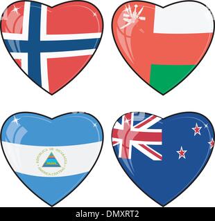 Set di immagini vettoriali di cuori con le bandiere della Norvegia, Regno Illustrazione Vettoriale
