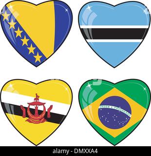 Set di immagini vettoriali di cuori con le bandiere della Bosnia e Herz Illustrazione Vettoriale
