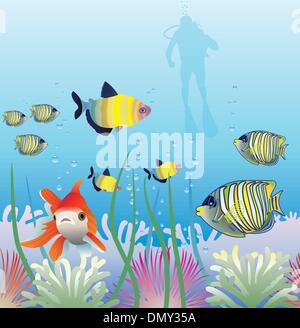 Vettore di pesci tropicali e sub Illustrazione Vettoriale