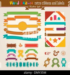 Vettore di disegnare a mano impostare di Retro Nastri ed etichette Illustrazione Vettoriale