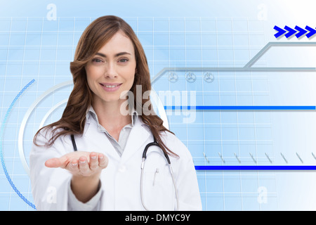 Immagine composita del ritratto femminile di infermiere tenendo fuori aprire palm Foto Stock