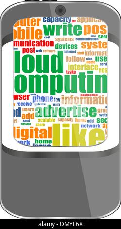 Smartphone con le icone delle applicazioni e socila media parole Illustrazione Vettoriale