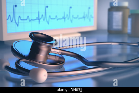Uno stetoscopio in parte anteriore del monitor del battito cardiaco. Foto Stock