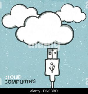Il cloud computing concetto illustrazione, cavo usb e nuvole icone Illustrazione Vettoriale