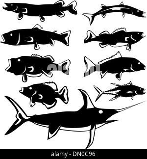 Assortimento di pesce sagome vettoriali Illustrazione Vettoriale