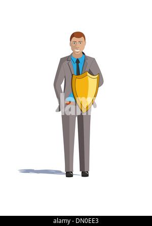 Un giovane uomo con una protezione. La protezione assicurativa. Illustrazione Vettoriale