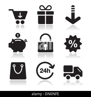 Shopping su Internet icone nere set con ombra Illustrazione Vettoriale