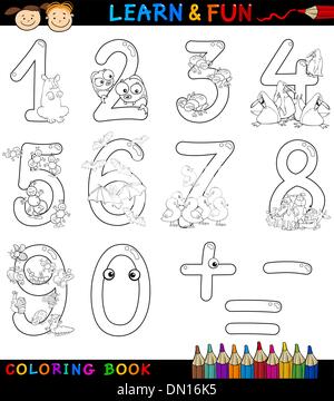I numeri con gli animali dei cartoni animati per la colorazione Illustrazione Vettoriale