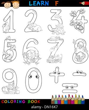 I numeri con gli animali dei cartoni animati per la colorazione Illustrazione Vettoriale