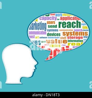 Word cloud concetto aziendale con testa di imprenditore Illustrazione Vettoriale