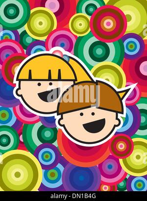 Due bambini piccoli su un arcobaleno colore di sfondo Illustrazione Vettoriale
