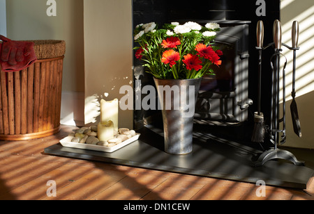 Sunshine fiori illuminante su un focolare di ardesia in un salotto. Foto Stock