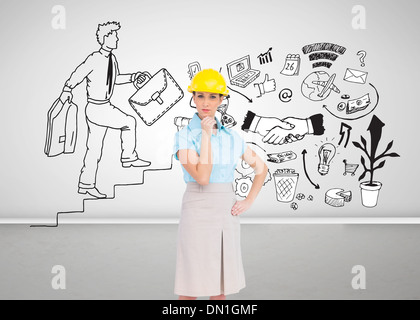 Immagine composita di pensosa attraente architetto in posa Foto Stock