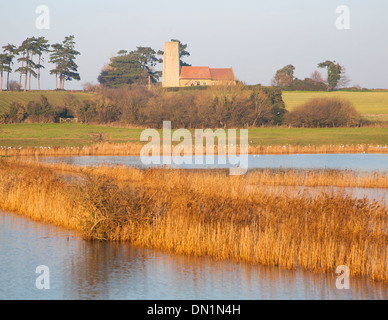 Inondazione in piedi in campo allagato per la prima volta in cinquant'anni da una mareggiata Ramsholt chiesa, Suffolk, Inghilterra Foto Stock