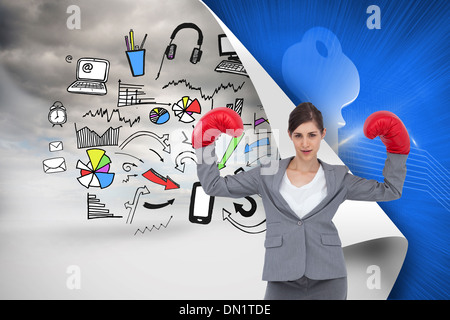 Immagine composita di imprenditrice con guantoni da pugilato Foto Stock