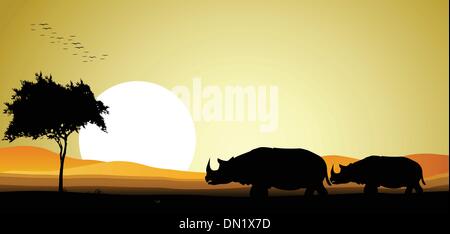 Bellezza giovane rhino silhouette con sfondo al tramonto Illustrazione Vettoriale