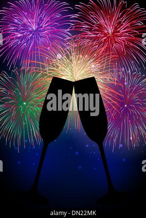 Felice Anno Nuovo fuochi d'artificio champagne Illustrazione Vettoriale