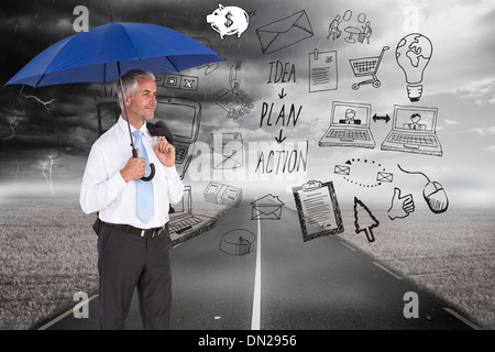 Immagine composita di happy businessman holding ombrello Foto Stock