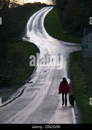 Dog walker su un avvolgimento country road al crepuscolo Foto Stock