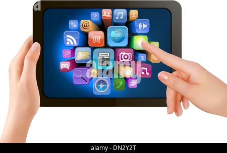 Mano che tiene il touch pad del pc e dito tocca la schermata con i Illustrazione Vettoriale