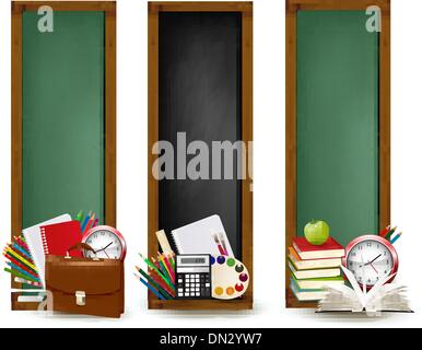 Si torna a scuola. Tre striscioni con forniture scolastiche. Vettore. Illustrazione Vettoriale