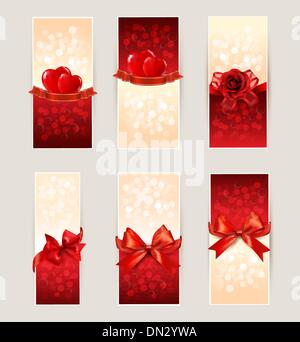 Serie di belle le carte regalo con regalo rossa fiocchi e cuori. Valen Illustrazione Vettoriale