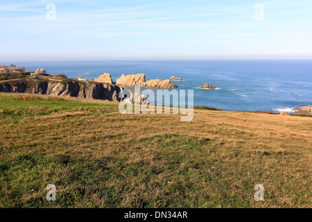 Uno splendido scenario di un prato accanto a una grande rupe Foto Stock