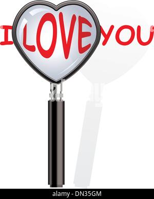 Vettore lente di ingrandimento sopra ti amo parole Illustrazione Vettoriale