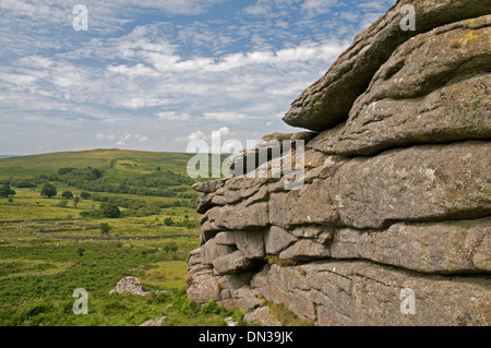 Impressionante scenario brughiera vicino a sella Tor su Dartmoor, guardando verso nord-ovest Foto Stock