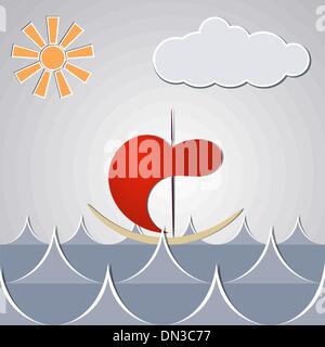 Disegno animato piccola nave attraverso le onde. Illustrazione Vettoriale