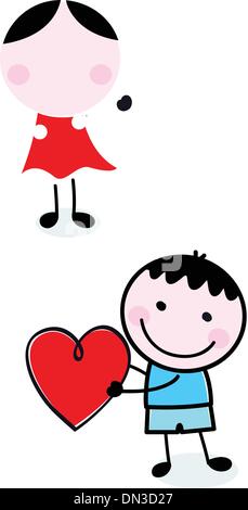 Carino stick figura Kids tenendo il giorno di San Valentino cuori Illustrazione Vettoriale