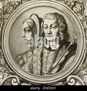 Re Cattolici, Isabella I (1451-1504) e Ferdinando II (1452-1516). Incisione. Foto Stock