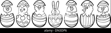 Polli in uova di pasqua cartoon per la colorazione Illustrazione Vettoriale
