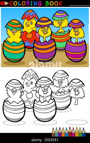 Cartoon pulcini in uova di pasqua nella pagina di colorazione Illustrazione Vettoriale