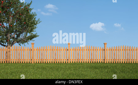 Staccionata in legno e albero della mela su un prato in una giornata di sole - il rendering Foto Stock