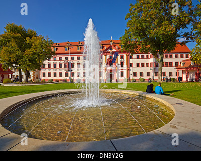 Fontana con Kurmainzischen Statthalterei, oggi in Turingia Cancelleria di Stato a Erfurt, Turingia, Germania Foto Stock