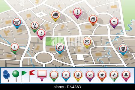 Vector mappa della città con le icone di GPS Illustrazione Vettoriale
