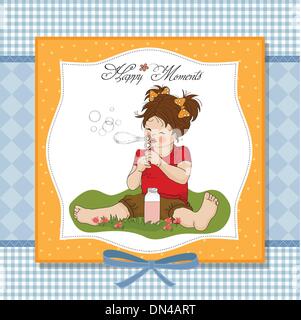 Funny adorabile bambina soffiando bolle di sapone Illustrazione Vettoriale