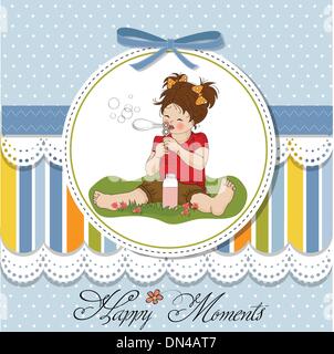 Funny adorabile bambina soffiando bolle di sapone Illustrazione Vettoriale